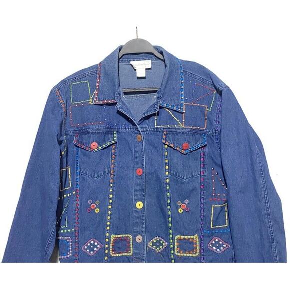 Jacqueline Lauren Jean Short Jacket Women's Large Studded Embroidered Denim - Picture 2 of 8